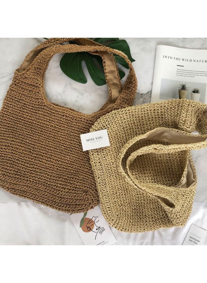 Solid Color Straw Bag Simple Fashion Woven Bag Beach Bag Ladies Casual Women's Bag-Color:Beige  - Image 2