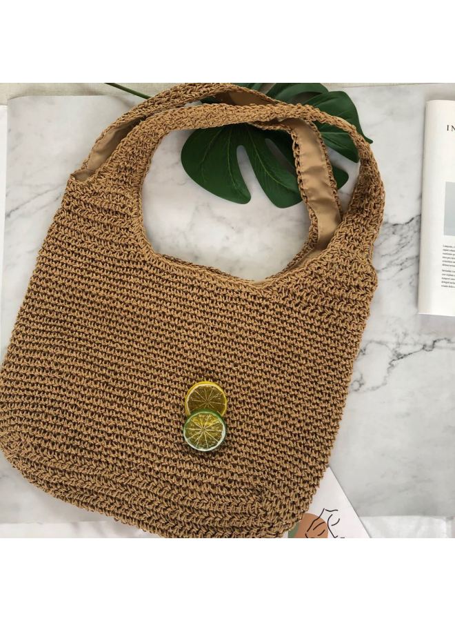 Solid Color Straw Bag Simple Fashion Woven Bag Beach Bag Ladies Casual Women's Bag-Color:Beige  - Image 3