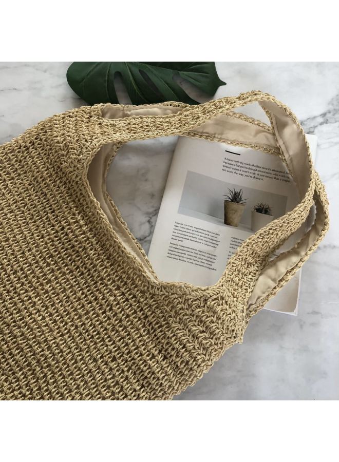 Solid Color Straw Bag Simple Fashion Woven Bag Beach Bag Ladies Casual Women's Bag-Color:Beige  - Image 4