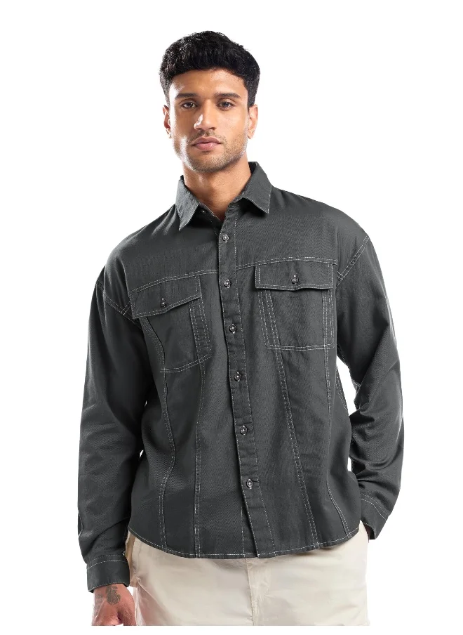 بيونغ Dark Grey Contrast Stitch Jacket Shirt for Men