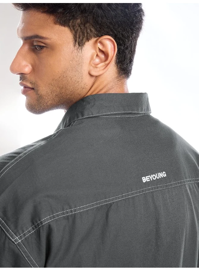 بيونغ Dark Grey Contrast Stitch Jacket Shirt for Men