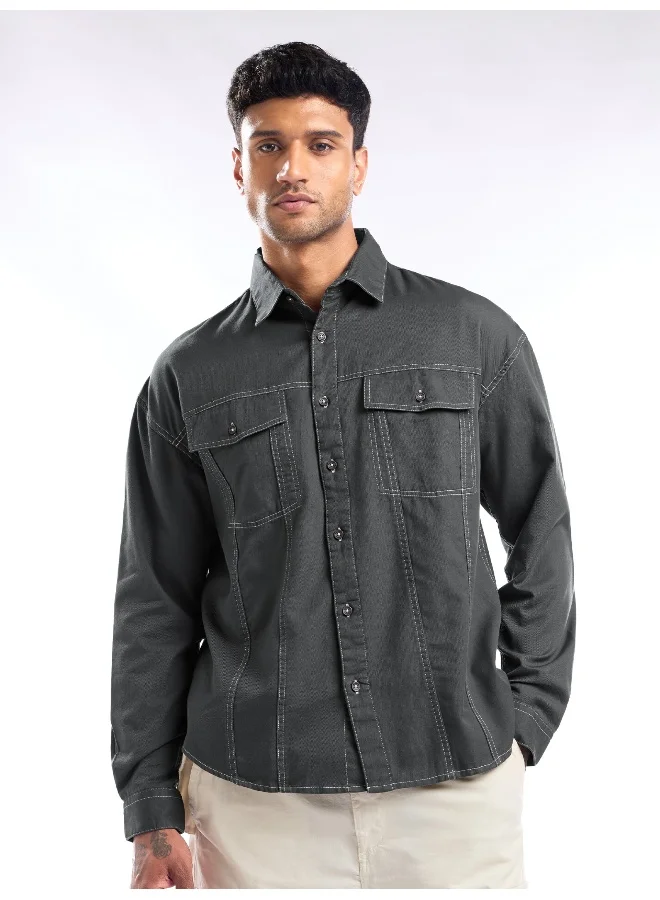 بيونغ Dark Grey Contrast Stitch Jacket Shirt for Men