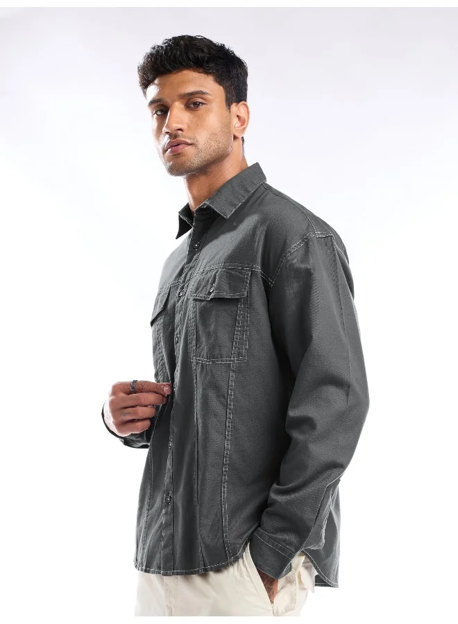 بيونغ Dark Grey Contrast Stitch Jacket Shirt for Men