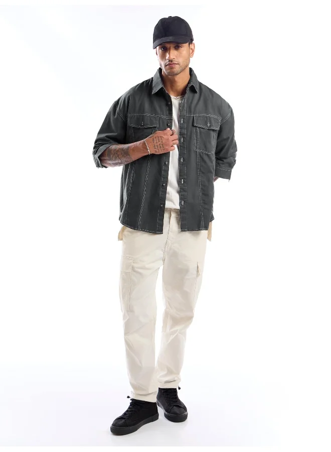 بيونغ Dark Grey Contrast Stitch Jacket Shirt for Men