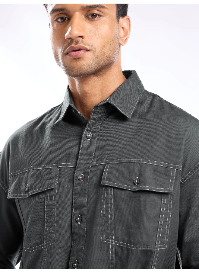 Beyoung Dark Grey Contrast Stitch Jacket Shirt for Men