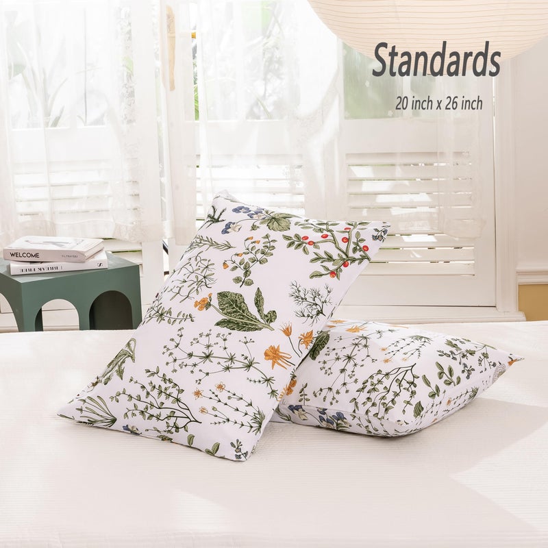 ECOCOTT 100% Cotton Pillowcases King Size, Botanical Floral Leaves Print Pattern Pillow Cover 2 Pack, Super Soft Envelope Closure Standard Pillow Case Set (King, 20"x36") - Image 2