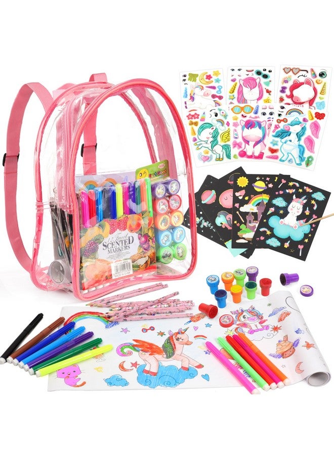 D-FantiX Unicorn Art Supplies Clear Backpack for Toddler, 51Pcs DIY Coloring Craft Kits with Scratch Art Paper and Stickers, Road Trip Activities for Kids, Creative Birthday Gift for Girls - Image 1