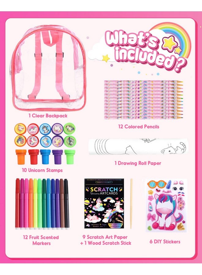 D-FantiX Unicorn Art Supplies Clear Backpack for Toddler, 51Pcs DIY Coloring Craft Kits with Scratch Art Paper and Stickers, Road Trip Activities for Kids, Creative Birthday Gift for Girls - Image 2