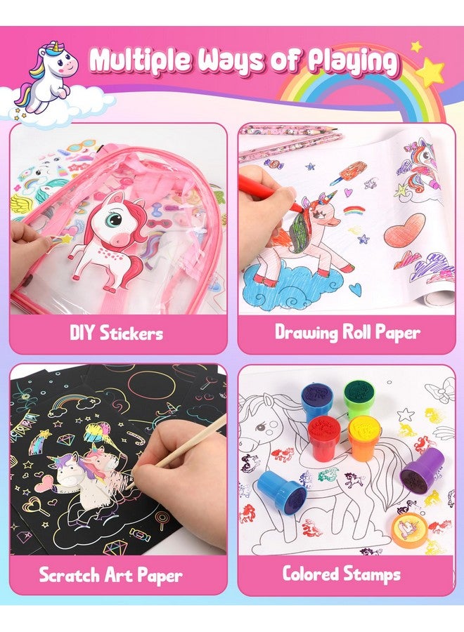 D-FantiX Unicorn Art Supplies Clear Backpack for Toddler, 51Pcs DIY Coloring Craft Kits with Scratch Art Paper and Stickers, Road Trip Activities for Kids, Creative Birthday Gift for Girls - Image 5