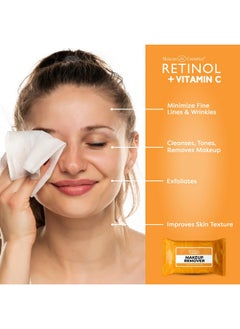 RETINOL Retinol + Vitamin C Individually Wrapped Makeup Remover Wipes, travel essentials for Travel & On the Go, women facial cleansing towelettes, removes makeup mascara & sunscreen - 30 single face wipes  - Image 3