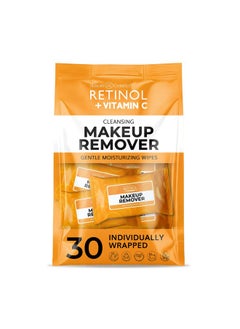 RETINOL Retinol + Vitamin C Individually Wrapped Makeup Remover Wipes, travel essentials for Travel & On the Go, women facial cleansing towelettes, removes makeup mascara & sunscreen - 30 single face wipes  - Image 1