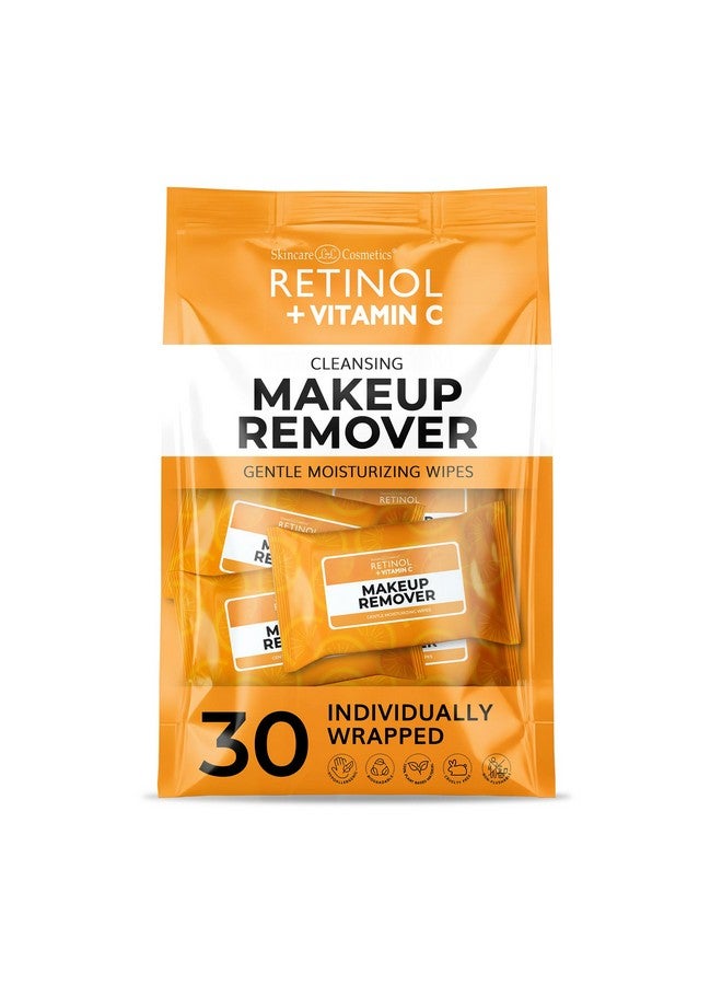 Retinol + Vitamin C Individually Wrapped Makeup Remover Wipes, travel essentials for Travel & On the Go, women facial cleansing towelettes, removes makeup mascara & sunscreen - 30 single face wipes - Image 1