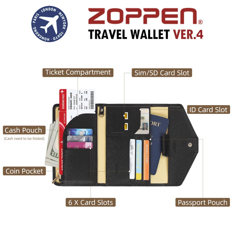 ZOPPEN محفظة جواز السفر متعددة الاستخدامات مع حجب RFID من زوبين (الإصدار 4) حافظة مستندات ثلاثية الطي، 1 أسود - Image 4