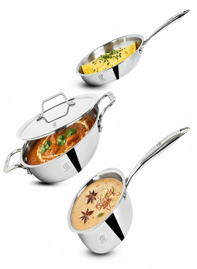 Omichef Triply Cookware Set | Kadai/Kadhai (22 Cm/2.35 L) + Frypan/Frying Pan (22 Cm/1.45 L) + Saucepan/Tea Pan/Milk Pan (14 Cm/1.25 L) | ISI Certified & Induction Friendly - Image 2