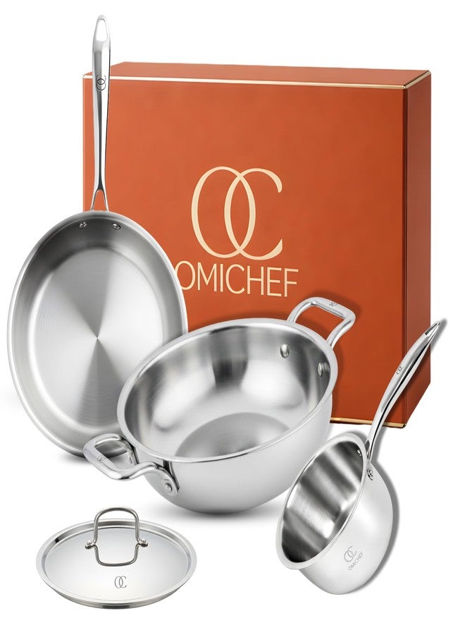 Omichef Triply Cookware Set | Kadai/Kadhai (22 Cm/2.35 L) + Frypan/Frying Pan (22 Cm/1.45 L) + Saucepan/Tea Pan/Milk Pan (14 Cm/1.25 L) | ISI Certified & Induction Friendly - Image 1