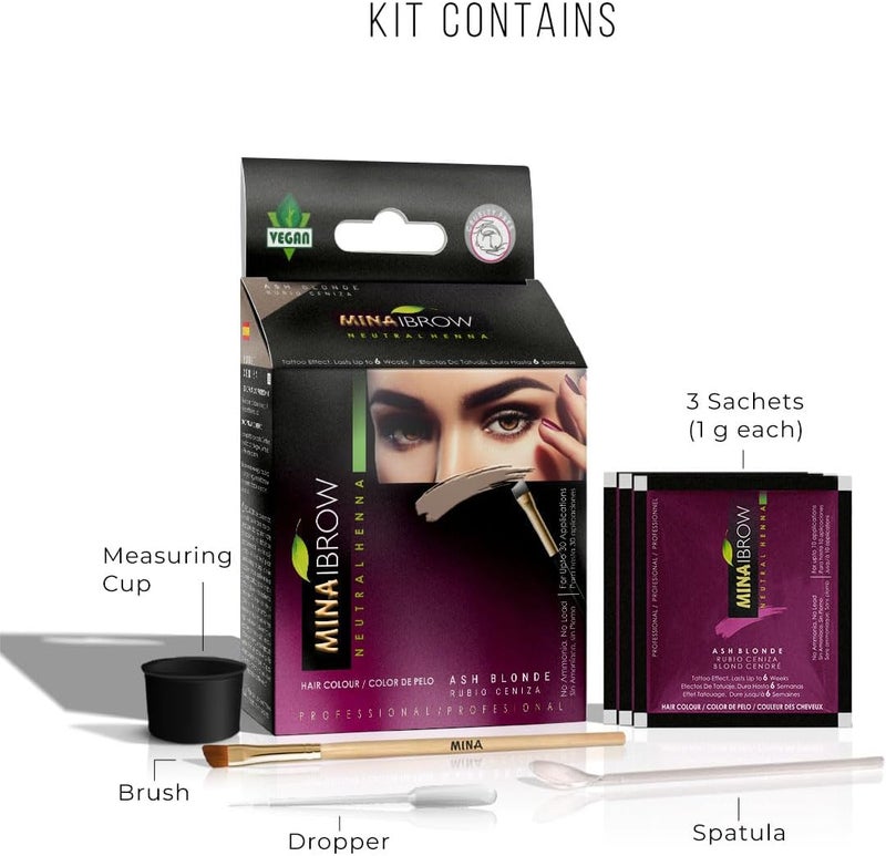 MinaiBrow MINA ibrow Henna Hair Color Professional Tint Kit With Brush Combo Pack | No Ammonia | Vegan & Cruelty Free | Upto 30 Applications (Ash Blond) - Image 2