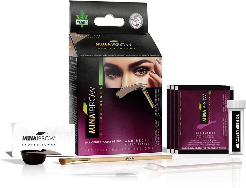 MinaiBrow MINA ibrow Henna Hair Color Professional Tint Kit With Brush Combo Pack | No Ammonia | Vegan & Cruelty Free | Upto 30 Applications (Ash Blond) - Image 1