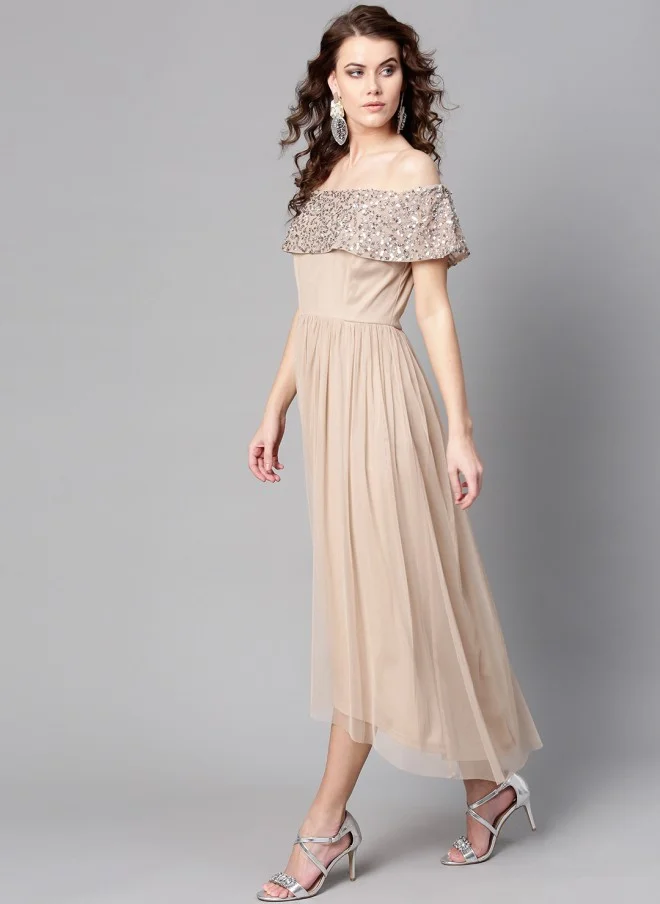 STREET 9 Beige Off-Shoulder Maxi Dress for Women