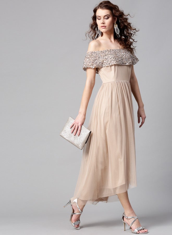 STREET 9 Beige Off-Shoulder Maxi Dress for Women - Image 1