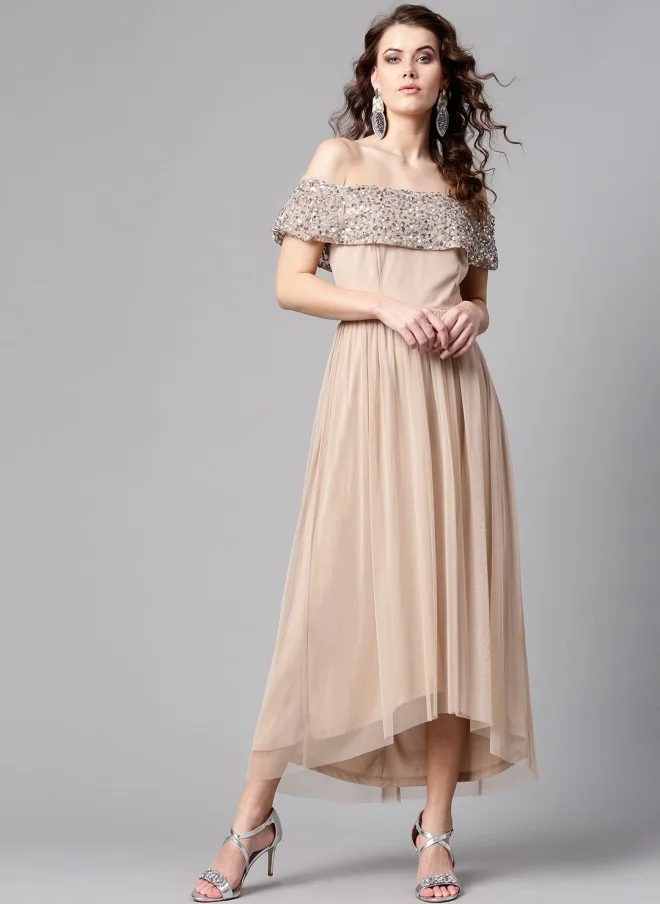 STREET 9 Beige Off-Shoulder Maxi Dress for Women