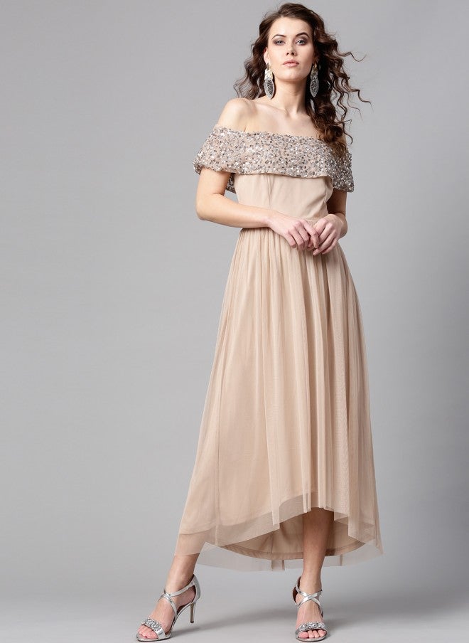 STREET 9 Beige Off-Shoulder Maxi Dress for Women - Image 3