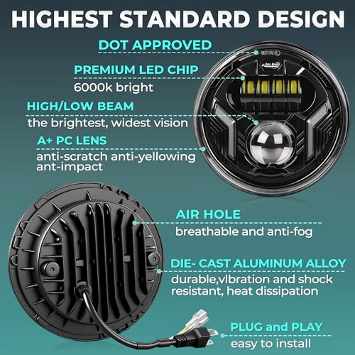 Auto Buero 2PCS 7 inch Led Headlight Round H6024 Led Headlight with DRL Turn Signal Compatible with Jeep Wrangler JK TJ CJ & Miata & Chevy S3 & Hummer H1 H2,DOT Approved - Image 2