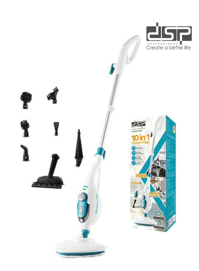 DSP Steam Mop,10 in 1 Multi Purpose Handheld Steamer Cleaner Detachable for Vinyl, Laminate, Carpet, Tile Hard Floor Grout w/ 2 pad, 1500W High Power,4.75M Cord, Includes 10 Accessories, Adjustable Steam & Height,KD-2071,White/Blue - Image 1