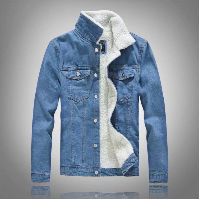 Mens Trendy Blue Lambswool Denim Jacket Light Blue Lambskin Denim Coat 