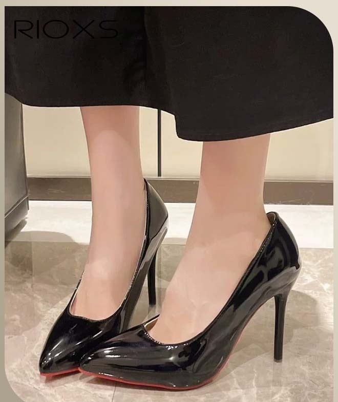 RIOXS Patent Leather Stiletto Heeled Pumps for Women 10cm Closed Pointed Toe Slip-on High Heel Shoes Classic Black Party Wedding Dress Heels Professional Work and Daily Wear - Image 1