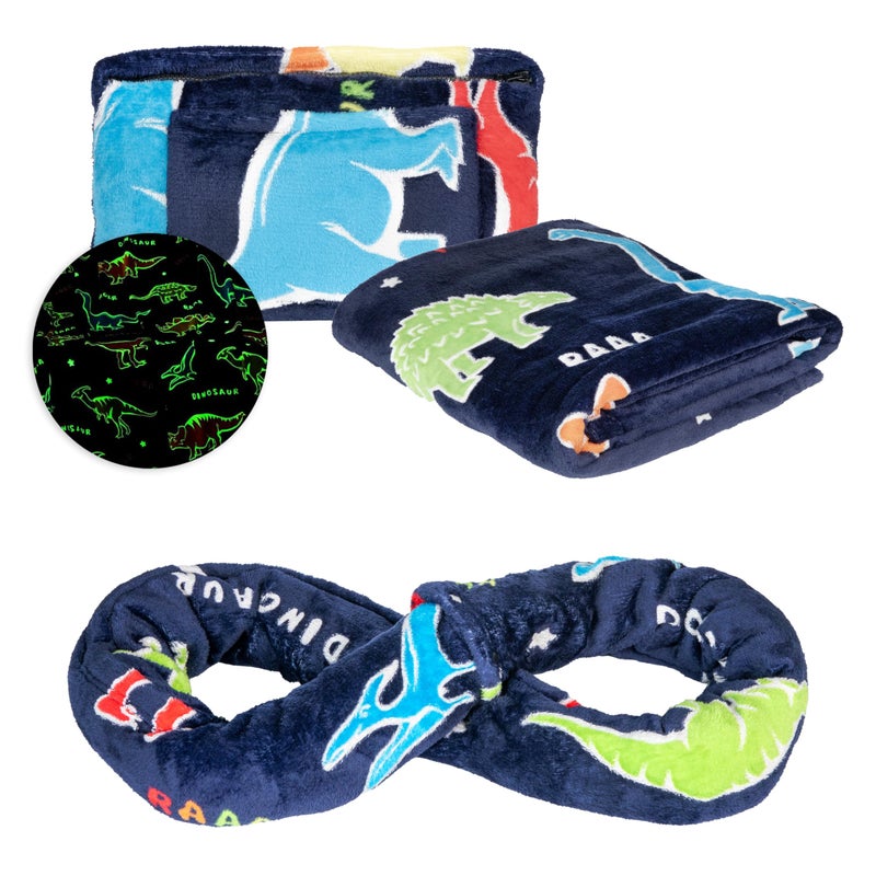 NAPRO Kids 3-in-1 Travel Blanket and Pillow Combo, Convertible Infinity Scarf, Lightweight Neck Support for Airplane, Car & Camping, Glow-in-The-Dark - Dinosaur