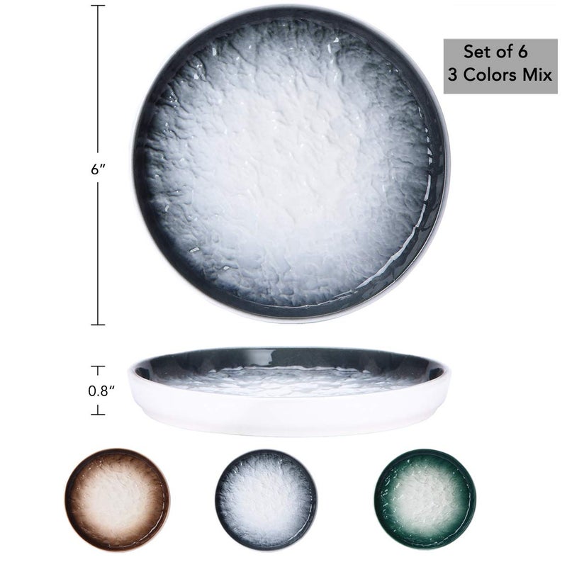 Eglaf 6'' Ceramic Small Appetizer Plates - Porcelain Gradient Water Wave Embossed Texture - Dessert Plates for Tea Party, Cake, Ice cream, Waffles, Apple Pie, Snacks (Set of 6-3 Colors Mix) - Image 2
