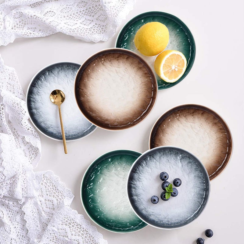 Eglaf 6'' Ceramic Small Appetizer Plates - Porcelain Gradient Water Wave Embossed Texture - Dessert Plates for Tea Party, Cake, Ice cream, Waffles, Apple Pie, Snacks (Set of 6-3 Colors Mix) - Image 5