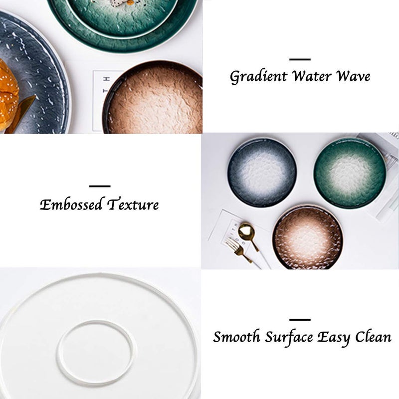 Eglaf 6'' Ceramic Small Appetizer Plates - Porcelain Gradient Water Wave Embossed Texture - Dessert Plates for Tea Party, Cake, Ice cream, Waffles, Apple Pie, Snacks (Set of 6-3 Colors Mix) - Image 3