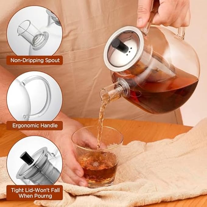 ROUNY 1500Ml50Oz Glass Teapot With Removable Stainless Steel Infuser StrainerBorosilicate Heat Resistant Stovetop Safe Large Tea Pot Blooming And Loose Leaf Hand Crafted Kettle For Women And Adult - Image 3