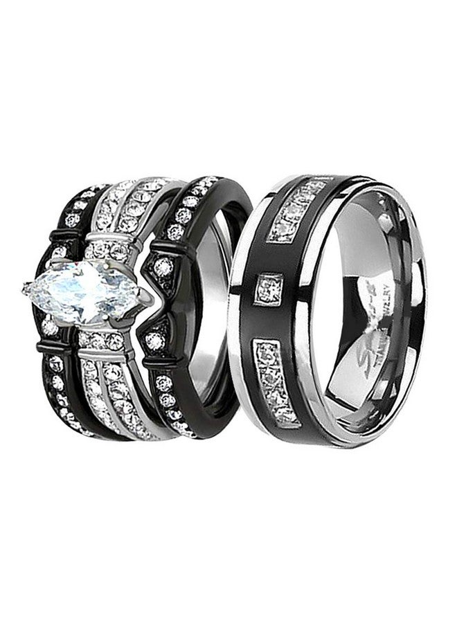 MABELLA His Hers Couple Matching Rings Black Women Stainless Steel Marquise Cut Aaa+ Cubic Zirconia Wedding Engagement Ring Bridal Sets & Men Cz Titanium Bandwomen'S Size 6 Men'S Size 9 - Image 1