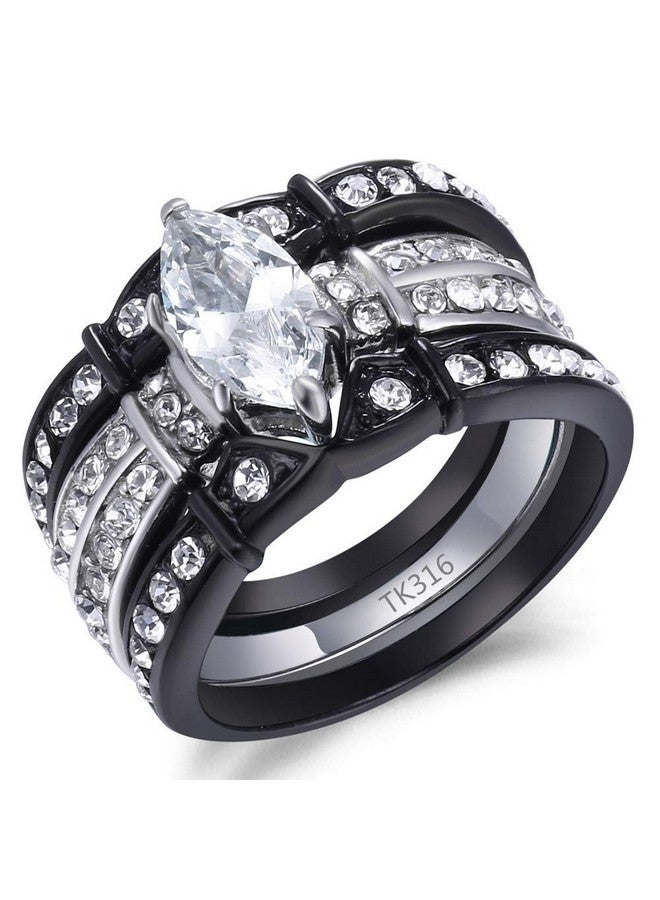 MABELLA His Hers Couple Matching Rings Black Women Stainless Steel Marquise Cut Aaa+ Cubic Zirconia Wedding Engagement Ring Bridal Sets & Men Cz Titanium Bandwomen'S Size 6 Men'S Size 9 - Image 2