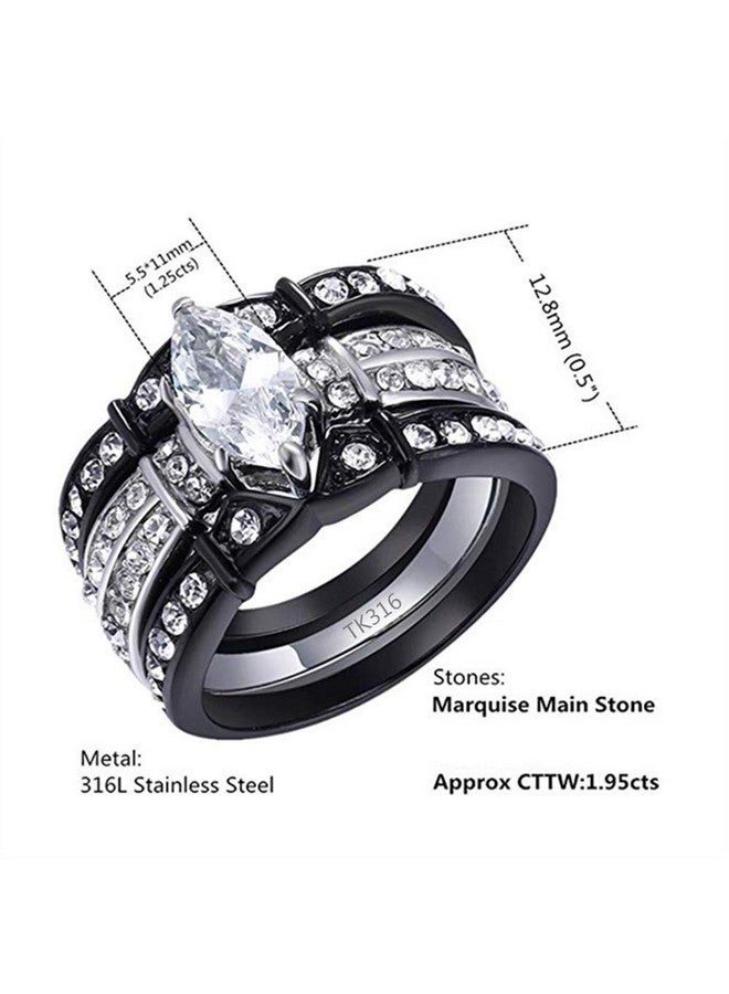 MABELLA His Hers Couple Matching Rings Black Women Stainless Steel Marquise Cut Aaa+ Cubic Zirconia Wedding Engagement Ring Bridal Sets & Men Cz Titanium Bandwomen'S Size 6 Men'S Size 9 - Image 3