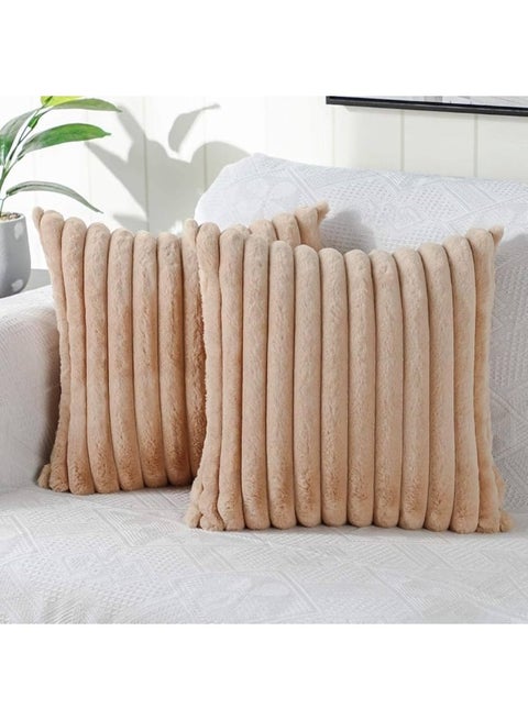 طقم أغطية وسائد كوشن مخملية من الفرو الصناعي بملمس ناعم مع سوستة للإغلاق ، مقاس 40 × 40 مجموعة من قطعتين غطاء وسادة مزخرف بدون حشو ، اغطية وسائد فاخرة ناعمة ومخططة للزينة للاريكة وغرفة المعيشة ( بيج )