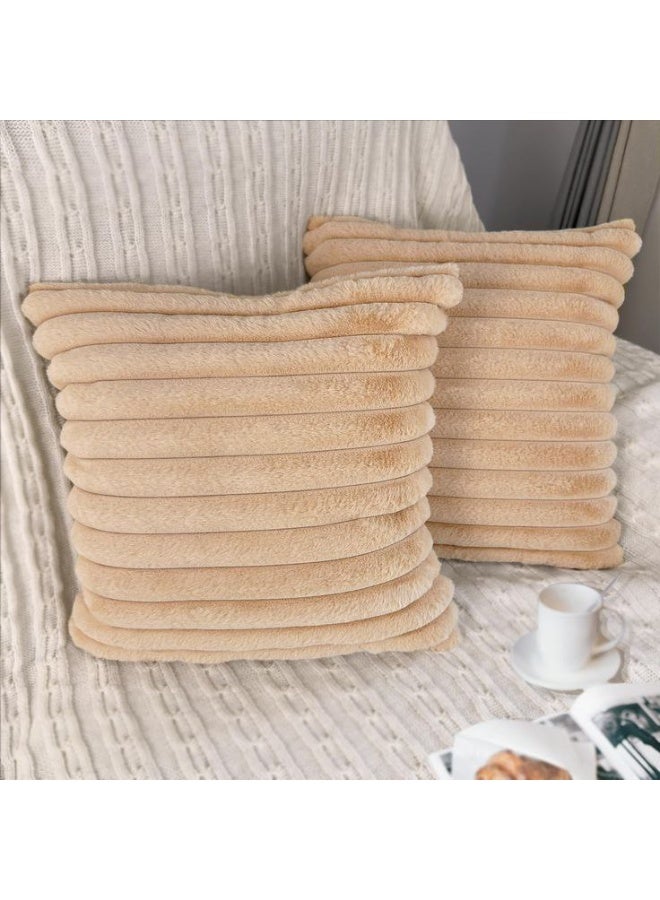 NAMA Soft textured faux fur velvet cushion cover set with zipper closure, 40 x 40 size, 2-piece set, decorative cushion cover without filling, luxurious soft striped decorative cushion covers for sofa and living room (beige) - Image 2