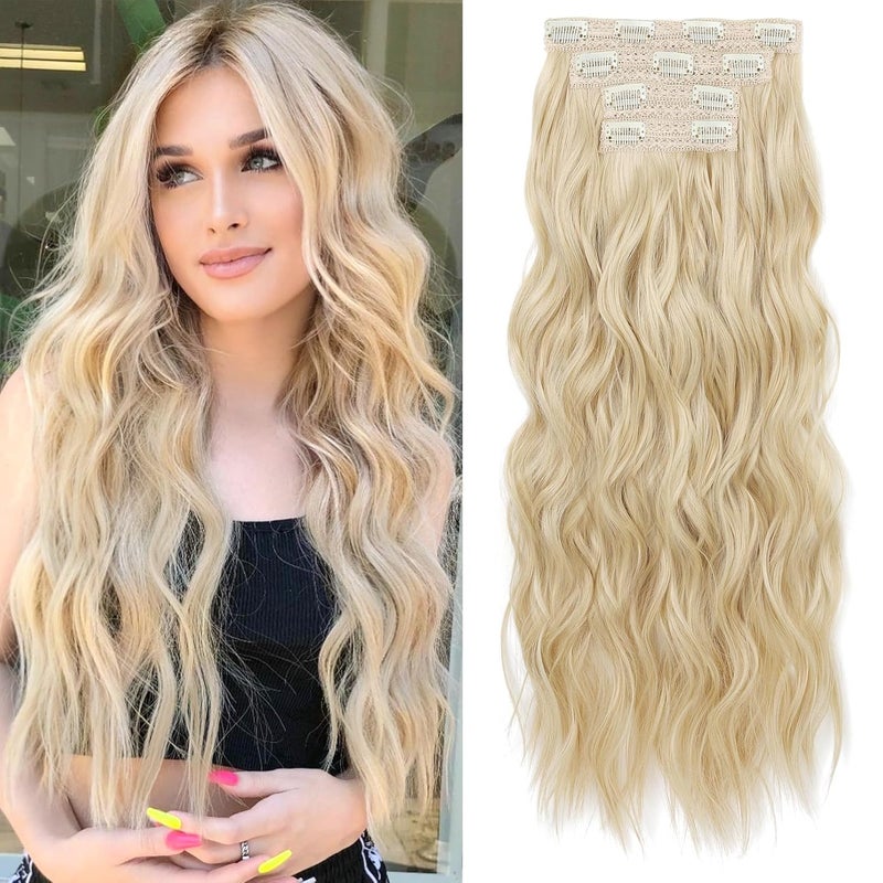 REECHO Clip in Hair Extensions 4PCS Blonde Hair Extensions 24 Thick Long Beach Waves hair extensions HE003 Invisible Lace Weft Natural Soft Hairpieces for Women  Natural Blonde