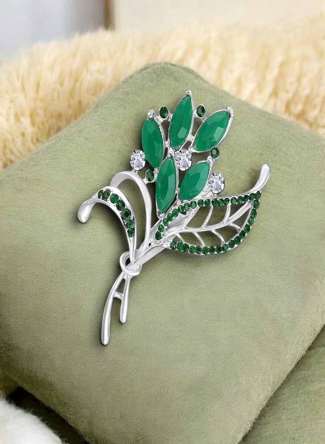 Mahi Green and White Crystals Studded Bouquet Saree Pin Brooch for Women (BP1101173RGre) - Image 4