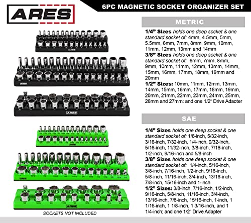 ARES 60160-6-Piece Magnetic Socket Organizers - Metric and SAE Set Black and Green -1/4 in, 3/8 in, 1/2 in Socket Holders -143 Pieces of Standard (Shallow) and Deep Sockets -Organize Your Tool Box - Image 2