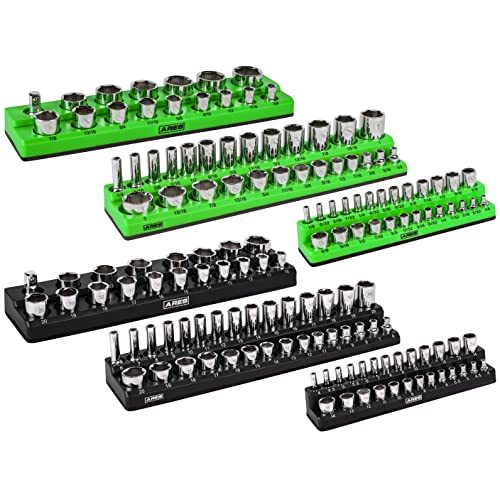 ARES 60160-6-Piece Magnetic Socket Organizers - Metric and SAE Set Black and Green -1/4 in, 3/8 in, 1/2 in Socket Holders -143 Pieces of Standard (Shallow) and Deep Sockets -Organize Your Tool Box - Image 1