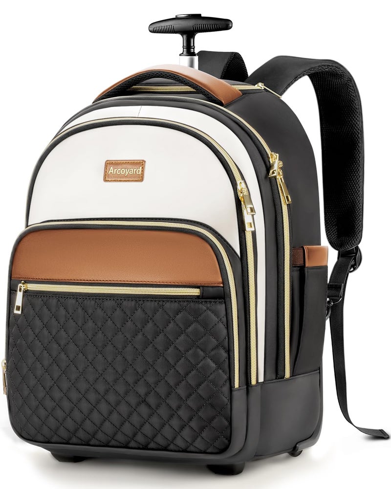 Arcoyard Small Rolling Backpack for Women, Lightweight Travel Backpack with Wheels, Roller Backpacks for Adults, Water Resistant Rolling Laptop Bag, Wheeled Underseat Carry On Luggage, Beige Brown - Image 1