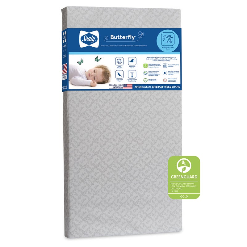 SEALY BABY Sealy Baby Butterfly Crib Mattress plus Toddler Bed Fit Premium American Foam Washable Easy to Clean Zip Off Cover GREENGUARD Gold Certified Safety Quality Tested Made in USA 52X28 