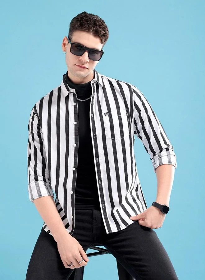 The Indian Garage Co The Indian Garage Co Men Black Slim Fit Striped Casual Shirt