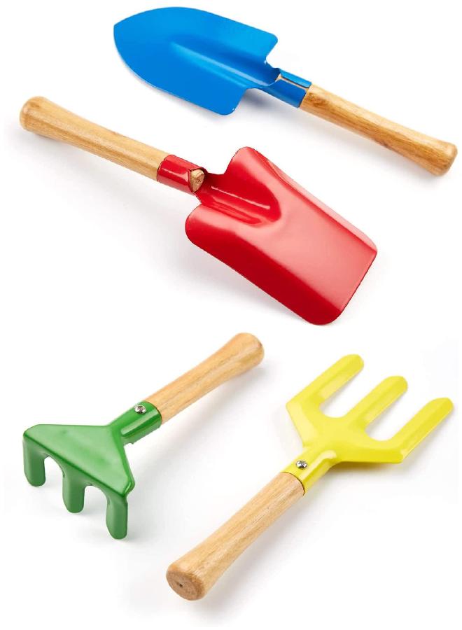 ldreamam 5 Piece 8" Kids Gardening Tools, Made of Metal with Sturdy Wooden Handle, Safe Beach Sandbox Toy Gardening Equipment Spoon, Fork, Trowel, Rake & Shovel for Children - Image 3