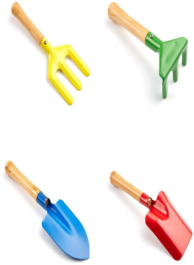 ldreamam 5 Piece 8" Kids Gardening Tools, Made of Metal with Sturdy Wooden Handle, Safe Beach Sandbox Toy Gardening Equipment Spoon, Fork, Trowel, Rake & Shovel for Children - Image 2