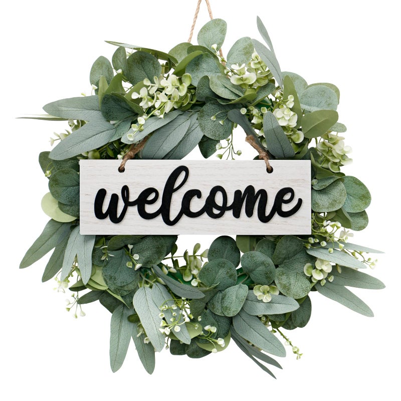 Dremisland Dremisland Wreath for Front Door 18 Green Eucalyptus Wreath Farmhouse Welcome Sign Festival Ornaments Home Decor  Ideal Spring  Summer Decorating for Home Front Door and Window Outdoor white 