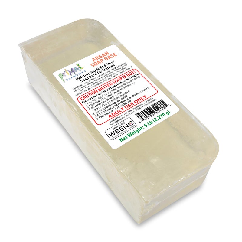 Primal Elements Argan Oil Soap Base Moisturizing Melt and Pour Glycerin Soap Base for Crafting and Soap Making Easy to Cut 5 Pound